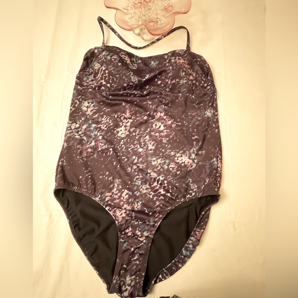 Joe Fresh large One piece swimsuit in a dark purple pattern & Removable straps